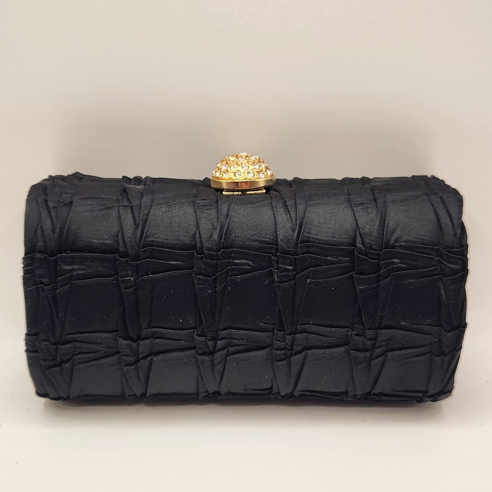La Regale Black Satin Ruched Evening Clutch Rhinestone Clasp Vintage Party Bag